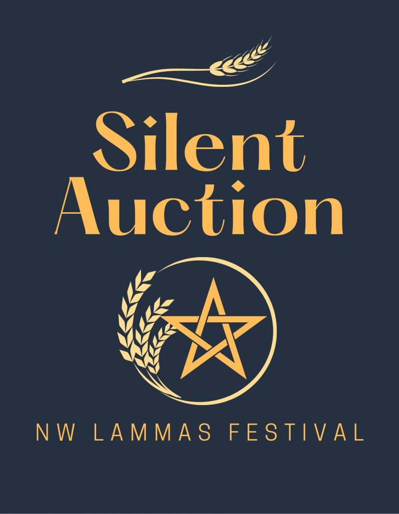 Pieces of wheat create a pentacle on a dark background. The words Silent Auction are written across the top and NW lammas festival is written below.