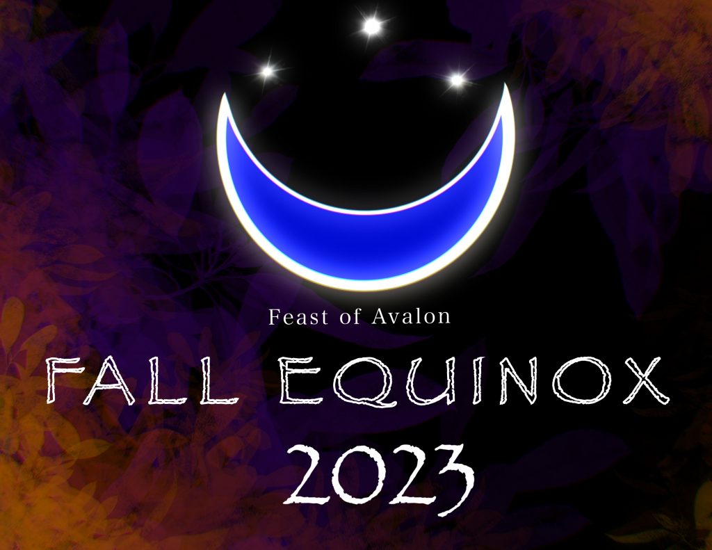 A blue crescent moon with it's corners pointing upward lies in the middle of the image. Three stars as small bright points of light, spread evenly between the horns of the crescent. Under the moon in smaller font the words (Feast of Avalon) and under those in larger font (Fall Equinox 2023)