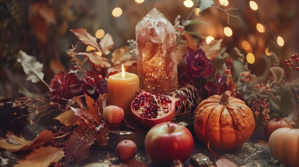 Autumn altar with red and orange leaves, pomegranate halves, apples and pumpkins, a lit candle, a glowing crystal cluster, and scattered berries and sparks against a warm blurred background.